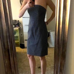 Navy & cream polka dots strapless midi dress